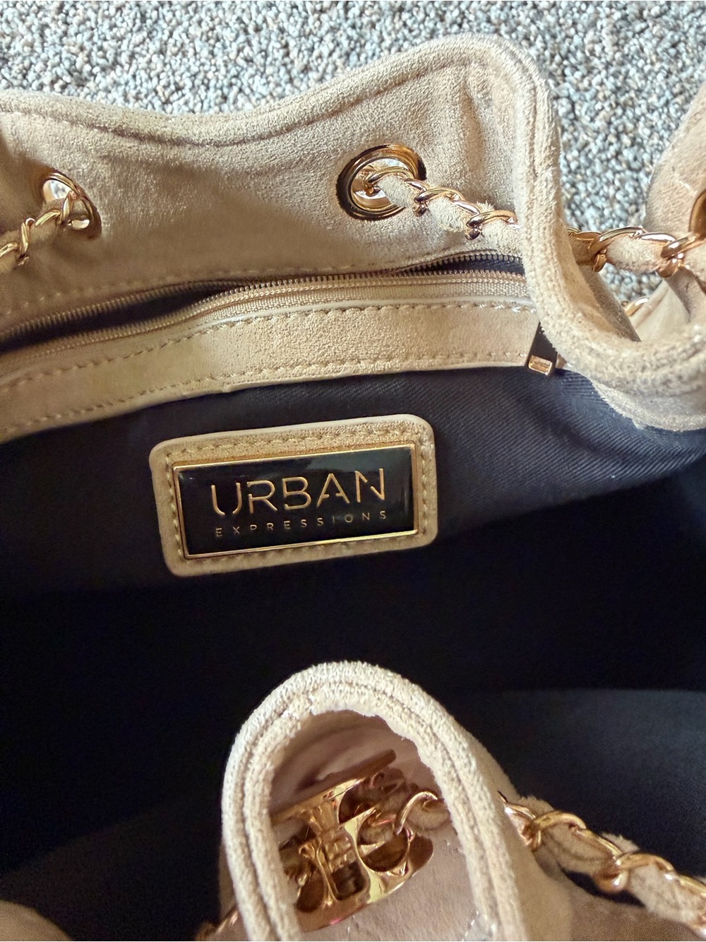 Suede Quilted Drawstring Shoulder Bag in Beige - Picture 14 of 15